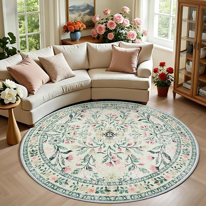 PLHXFR Round Area Rug Living Room: 6 ft Floral Washable Carpet Green Beige