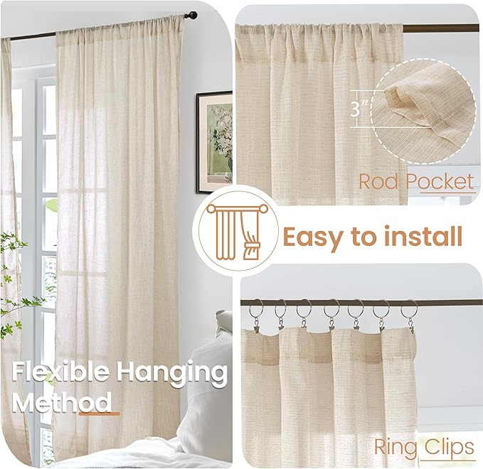BGment Burlap Linen Curtains 84 Inch Length for Living Room - Tan Light Filtering Semi Sheer Natural Drapes with Rod Pocket Lightweight Window Treatments for Bedroom Farmhouse, 2 Panels, 52 X 84 Inch
