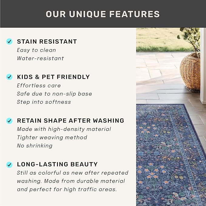 Hazo Haus Non Slip 2x6 Dark Blue Kitchen Runner Rug - Long Runner Rugs 24 x 72 Washable Hallway Floor Mat, Bedroom Laundry Room Bathroom Runner - Dusky Navy Vintage Floral Design Décor