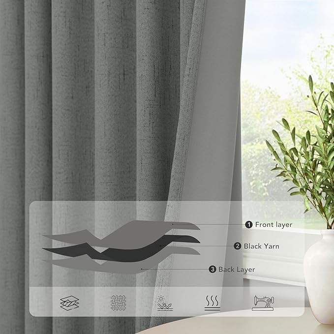 Grey Blackout Curtains for Bedroom 84 Inch Length 2 Panel Linen Textured Thermal Insulated Winter Blocking Darkening Window Drape Black Out Long Curtain for Living Room Sliding Door Back Tab Dark Gray