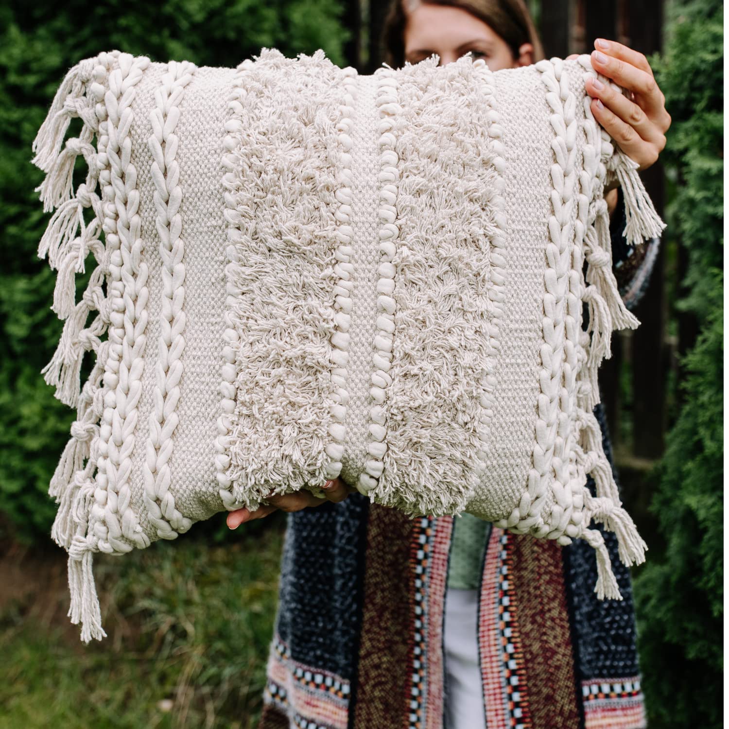 COZYDEKO Throw Boho Pillow Cover, 18”x18” Bohemian Moroccan Rustic Decorative Pillows with Tufted Accents, Plush Handwoven Cotton, Textured Woven Neutral Farmhouse Scandinavian Home Decor (no Insert)