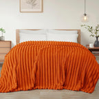 Exclusivo Mezcla California King Size Flannel Fleece Blanket, Super Soft Striped Jacquard Bed Oversized Blanket, Lightweight Fuzzy Cozy for All Seasons, 120x120 Inches, Burnt Orange