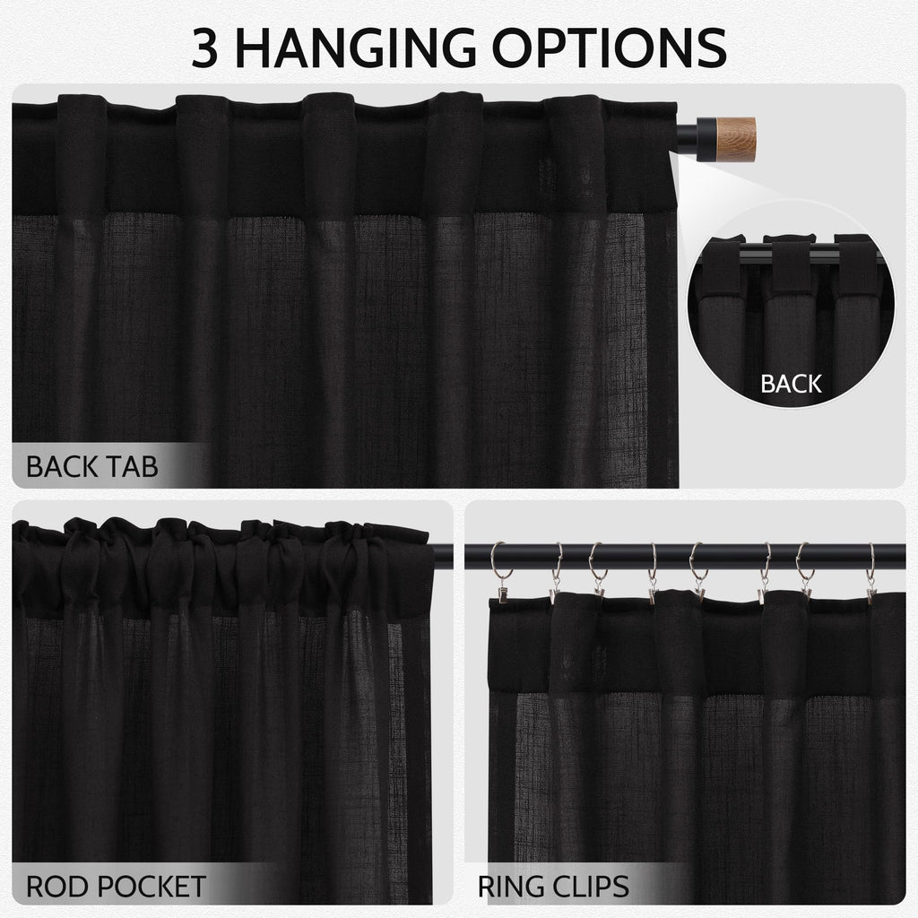 Nanspring Vintage Black Linen Curtains 96 Inches Long for Living Room Light Filtering Semi Sheer Curtain Back Tab Privacy Luxury Gothic Vintage Decor Drapes for Bedroom Office 52x96, 2 Panels