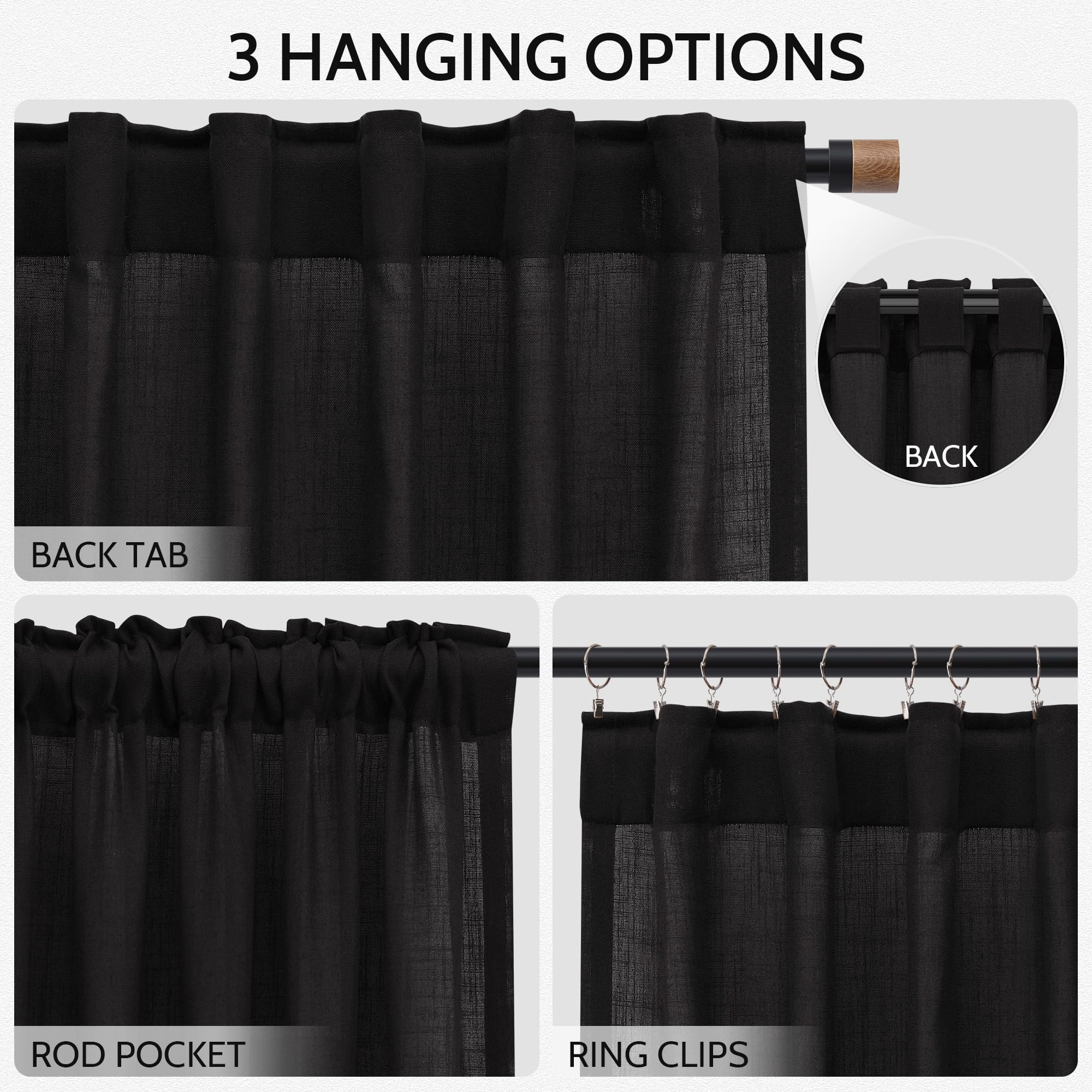 Vintage Black Linen Curtains 108 Inches Long for Living Room Light Filtering Semi Sheer Curtain Back Tab Floor to Ceiling High Window Gothic Vintage Decor Drapes for Bedroom Office 52x108,2 Panels