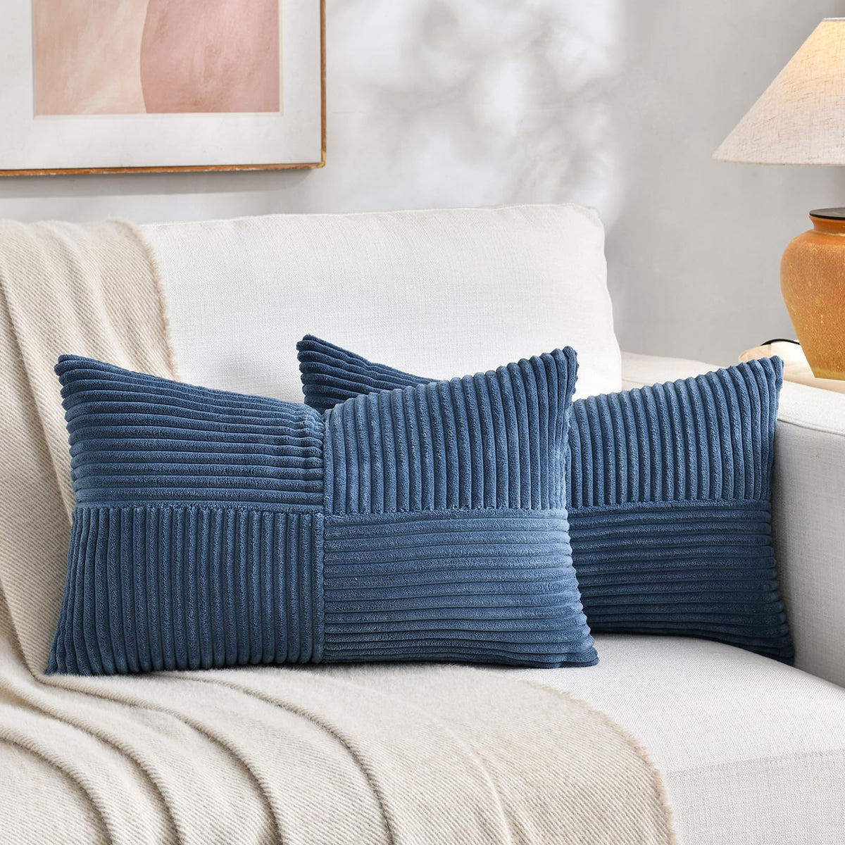 Fancy Homi 2 Packs Teal Lumbar Decorative Throw Pillow Covers 14x24 Inch for Living Room Couch Bed Sofa, Rustic Farmhouse Boho Home Decor, Soft Striped Corduroy Rectangle Accent Cushion Case 35x60 cm