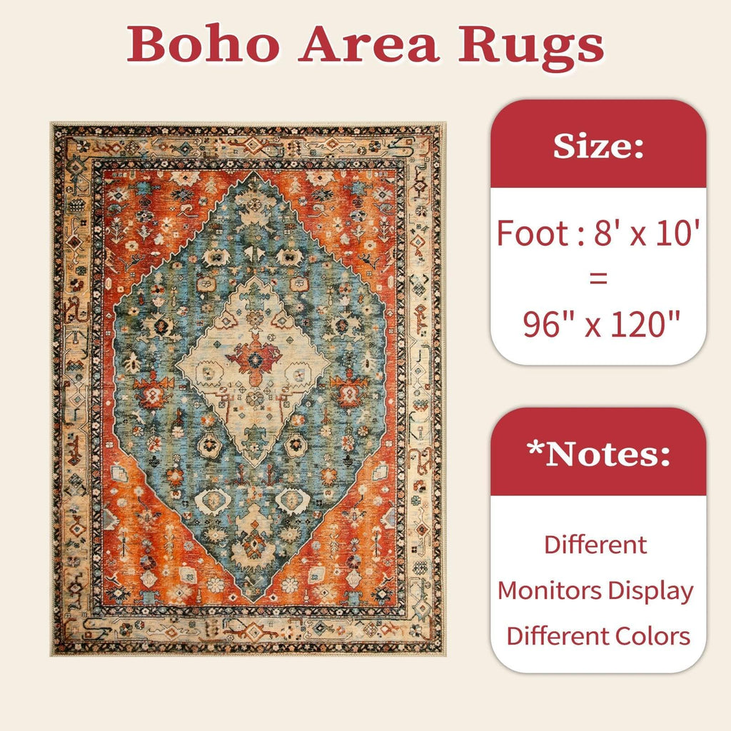 SERISSA 8x10 Washable Non Slip Boho Area Rug for Living Room
