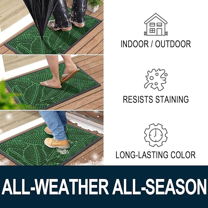 Colorxy Waterproof Doormat, Sturdy Natural Rubber Front Indoor Mat, Non Slip Low Profile Indoor Outdoor Door Mats, Stain and Fade Resistant Floor Mat, Easy Clean Patio Entrance Mat, 71''x23'', Green