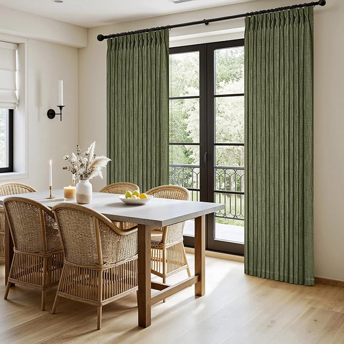 MIULEE Olive Green Pinch Pleated Linen Curtains 96 Inches Long 2 Panels