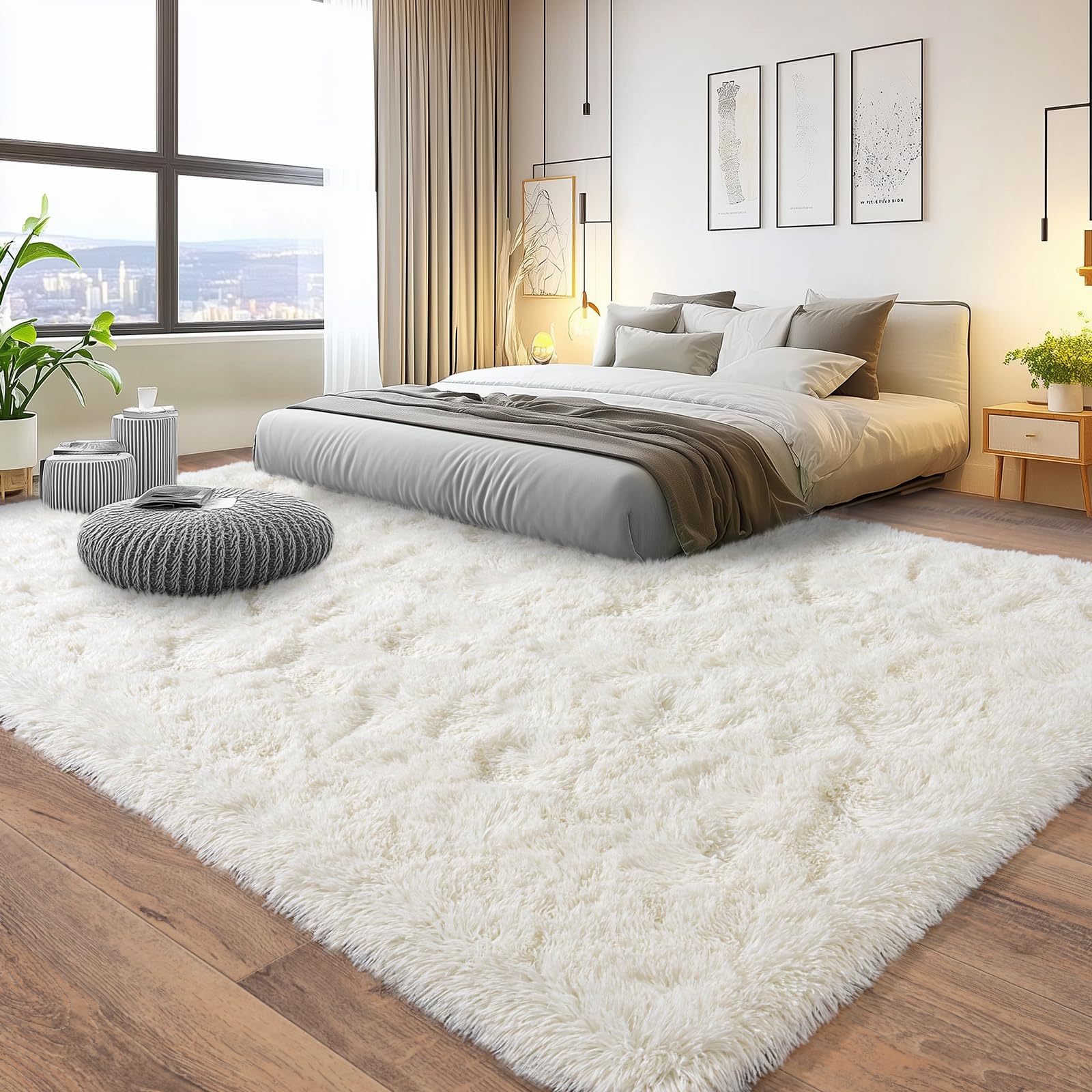 Pionblank 8x10 Rug for Living Room, Fluffy Large Area Rug, Cream White