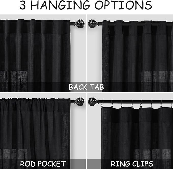 Black Linen Curtains 80 inches Long for Bedroom Back Tab Light Filtering Privacy Sheer Curtains Modern Farmhouse Coastal Decor Cotton Textured Gauze Curtain 2 Panel Set 38x80 for Living Room