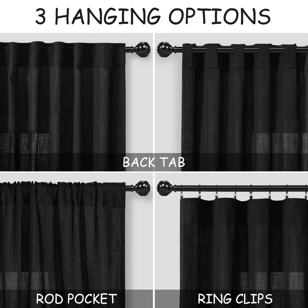 Black Large Window Curtains Light Filtering Semi Sheer Privacy Linen Textured Curtain for Patio Sliding Glass Door Extra Wide Rustic Farmhouse Drapes for Living Room Bedroom Sunroom 100x90 Inch