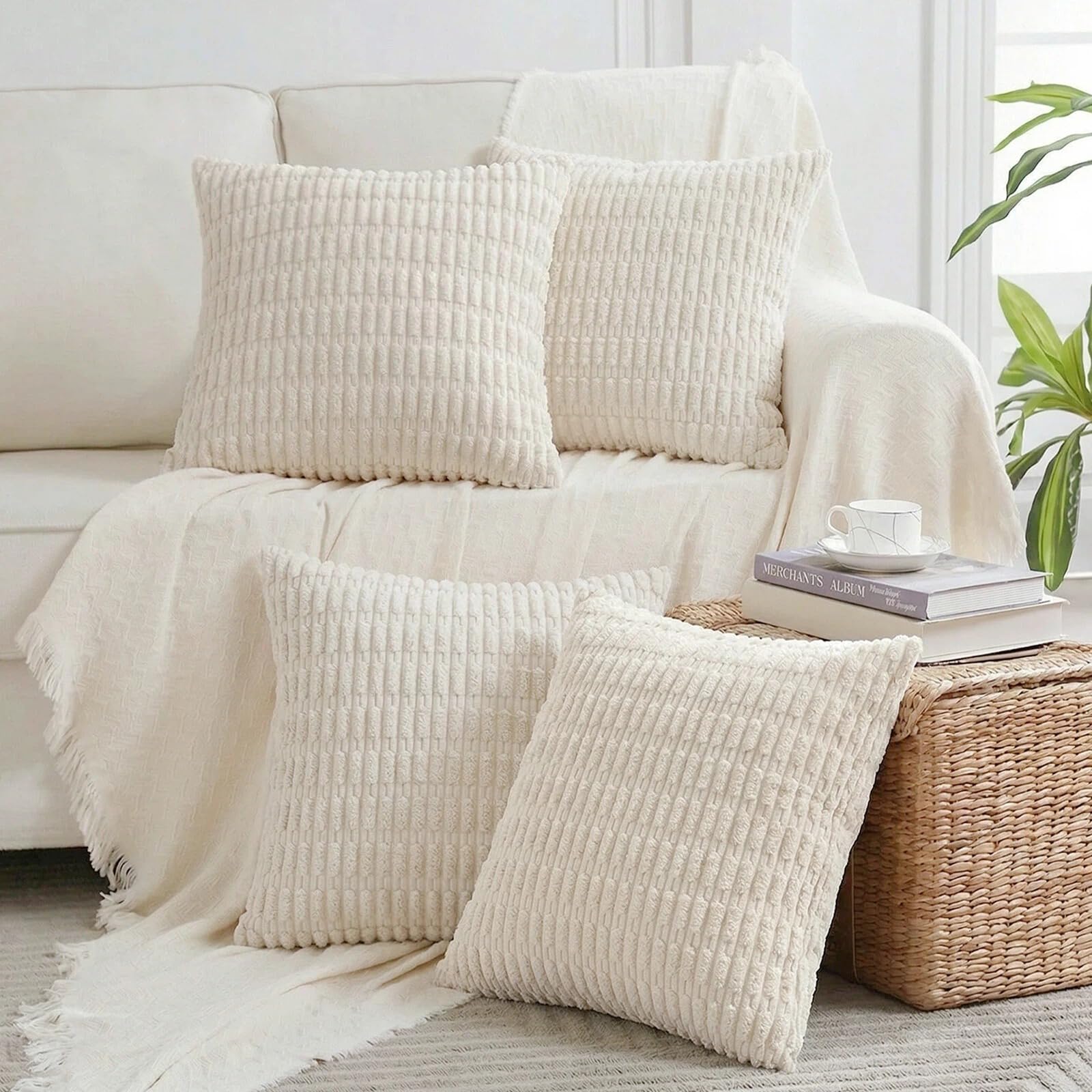 Fancy Homi 4 Packs Decorative Throw Pillow Covers for Living Room Couch Bed, Modern Farmhouse Boho Home Décor Accent Cushion Case, 26" x 26", Cream