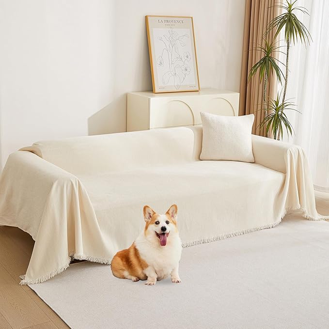 MYSKY HOME Couch Cover for Pets, Beige Couch Covers for 3 Cushion Couch Sofa, Couch Covers Sectional L Shape Chenille Couch Cushion Covers for Pets, Throw for Dogs, Kids, 71" X150"