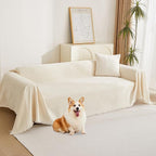 MYSKY HOME Beige Couch Covers Boho Style Chenille for 2 Cushion L-Shape Washable Couch Blanket with Tassel Pet Cushion Cover, 71" X102
