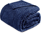 Exclusivo Mezcla Fleece Twin Size Blanket for Bed, 60x80 Inches Soft Cozy Jacquard Flannel Blankets, Lightweight Fuzzy Plush Warm for Women, Navy Blue