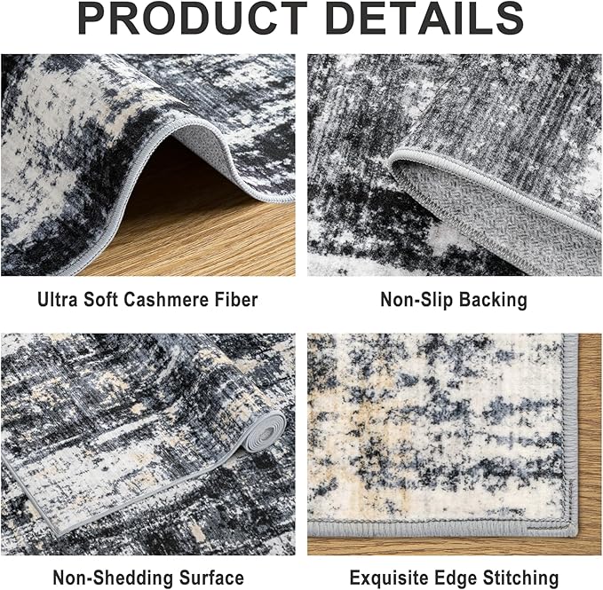 PLHXFR Area Rug Living Room: 4x6 Abstract Washable Carpet Black Gold