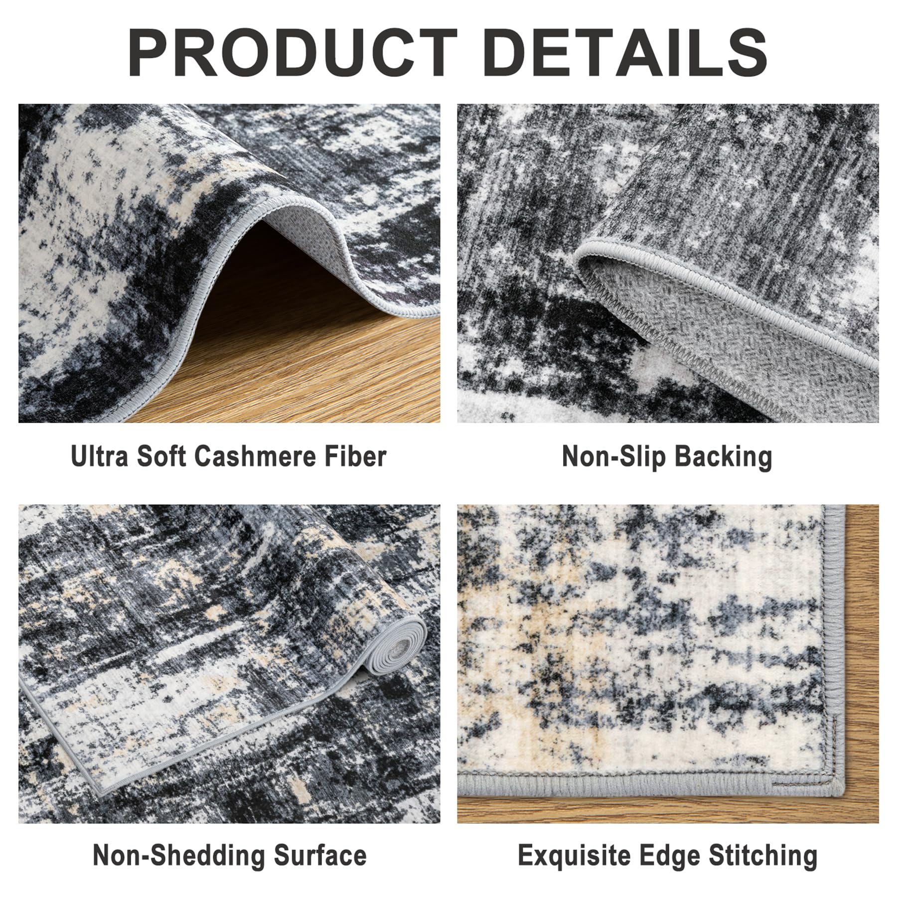 PLHXFR 10x14 Area Rug Living Room: Abstract Washable Carpet Black Gold