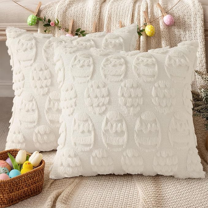 decorUhome Easter Cream White Egg Pillow Covers 16x16 Inch Set of 2, Soft Plush Faux Wool Jacquard Cushion Covers, Farmhouse Neutral Fuzzy Spring Easter Holiday Decor for Couch Sofa Bed