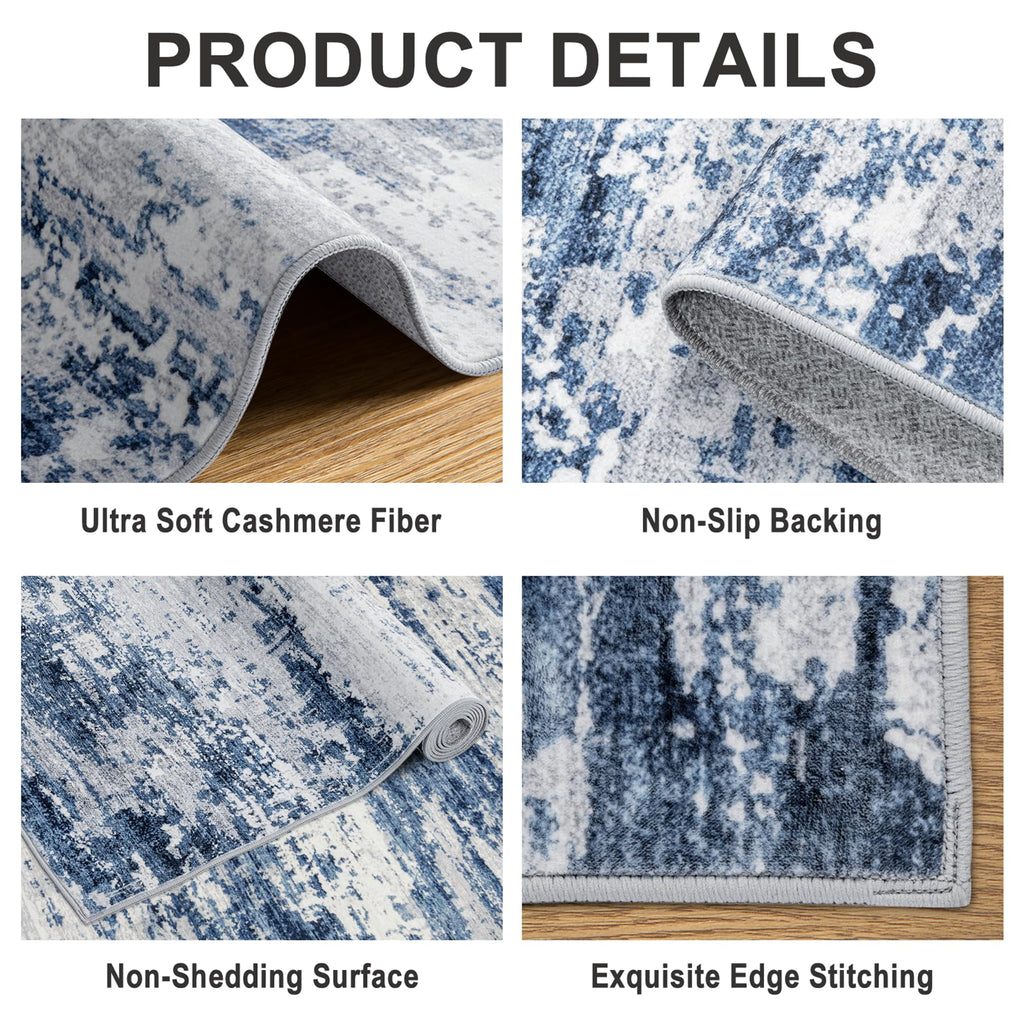 PLHXFR Area Rug Living Room: 4x6 Abstract Washable Carpet Blue Gray