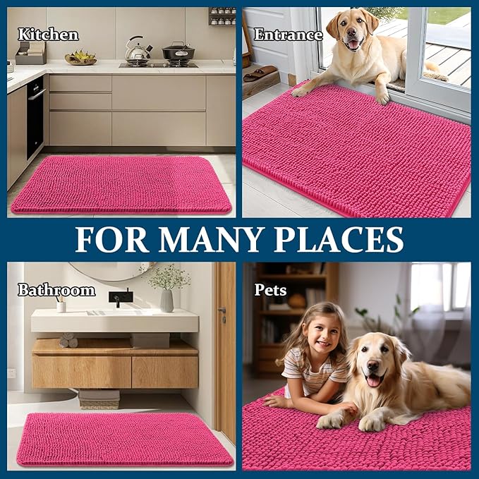 OLANLY Dog Door Mat for Muddy Paws 48x30, Absorbs Moisture and Dirt, Absorbent Non-Slip Washable Doormat, Quick Dry Chenille Mud Mat for Dogs, Entry Indoor Entryway Carpet for Inside Floor, Hot Pink
