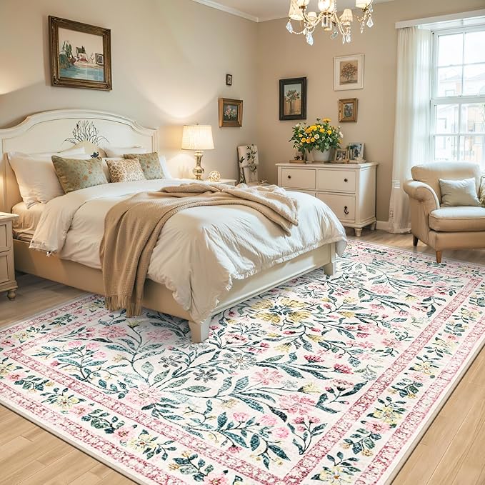 PLHXFR Area Rug Living Room: 5x7 Floral Washable Boho Carpet Pink Green