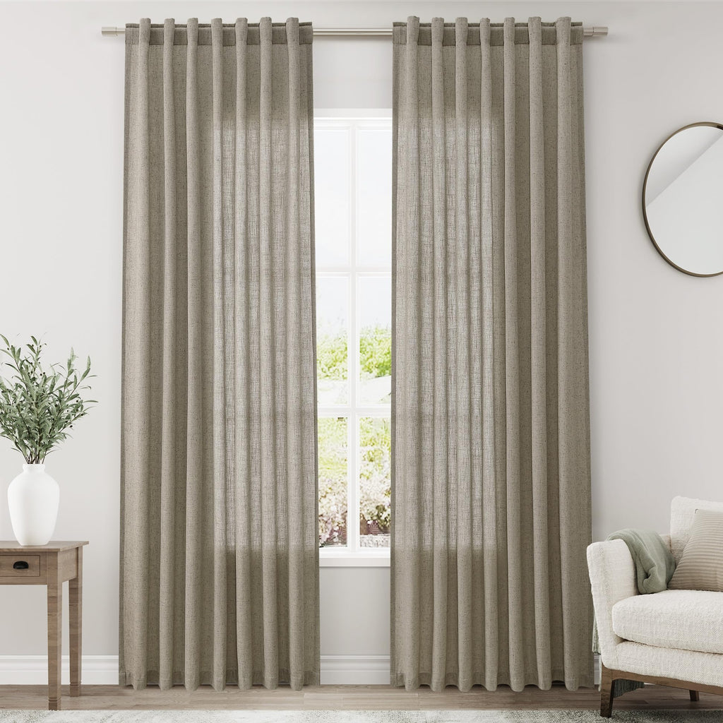 Mocha Linen Curtains 84 Inches Long for Bedroom Back Tab Light Filtering Privacy Semi Sheer Curtains Modern Farmhouse Decor Mocha Cotton Textured Curtain for Living Room 2 Panels Set 52x84 Inch