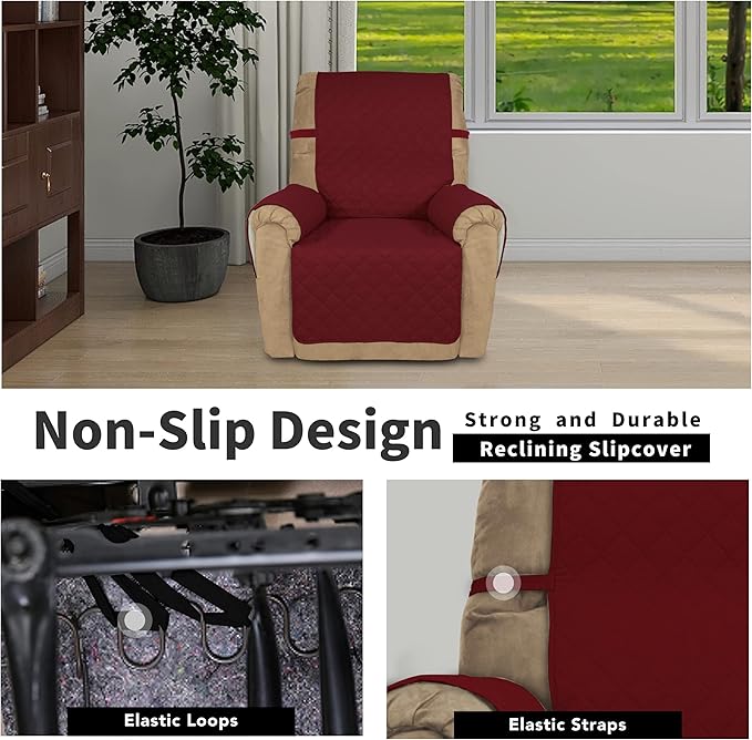 Easy-Going Recliner Chair Slipcover Reversible Sofa Cover Water Resistant Couch Cover Furniture Protector with Elastic Straps for Pets Dog (Recliner 22 inch, Christmas Red/Ivory)