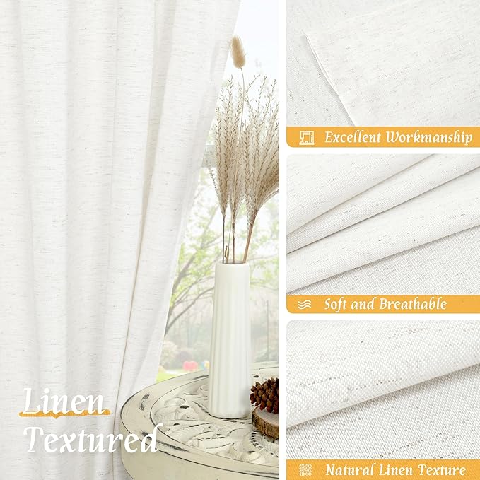 LAMIT Ivory White Linen Curtains 48 Inch Length for Bedroom, 2 Panels