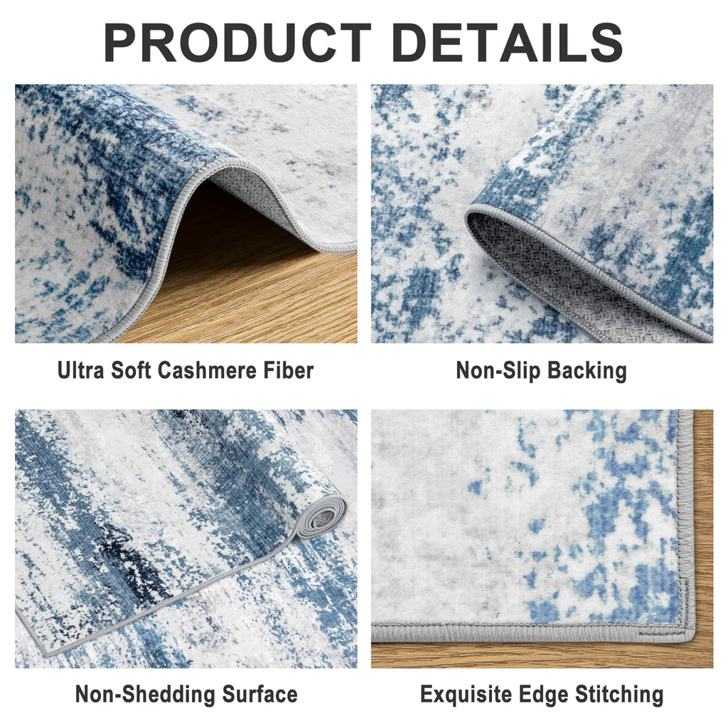 PLHXFR Area Rug Living Room: 5x7 Abstract Washable Carpet White Blue