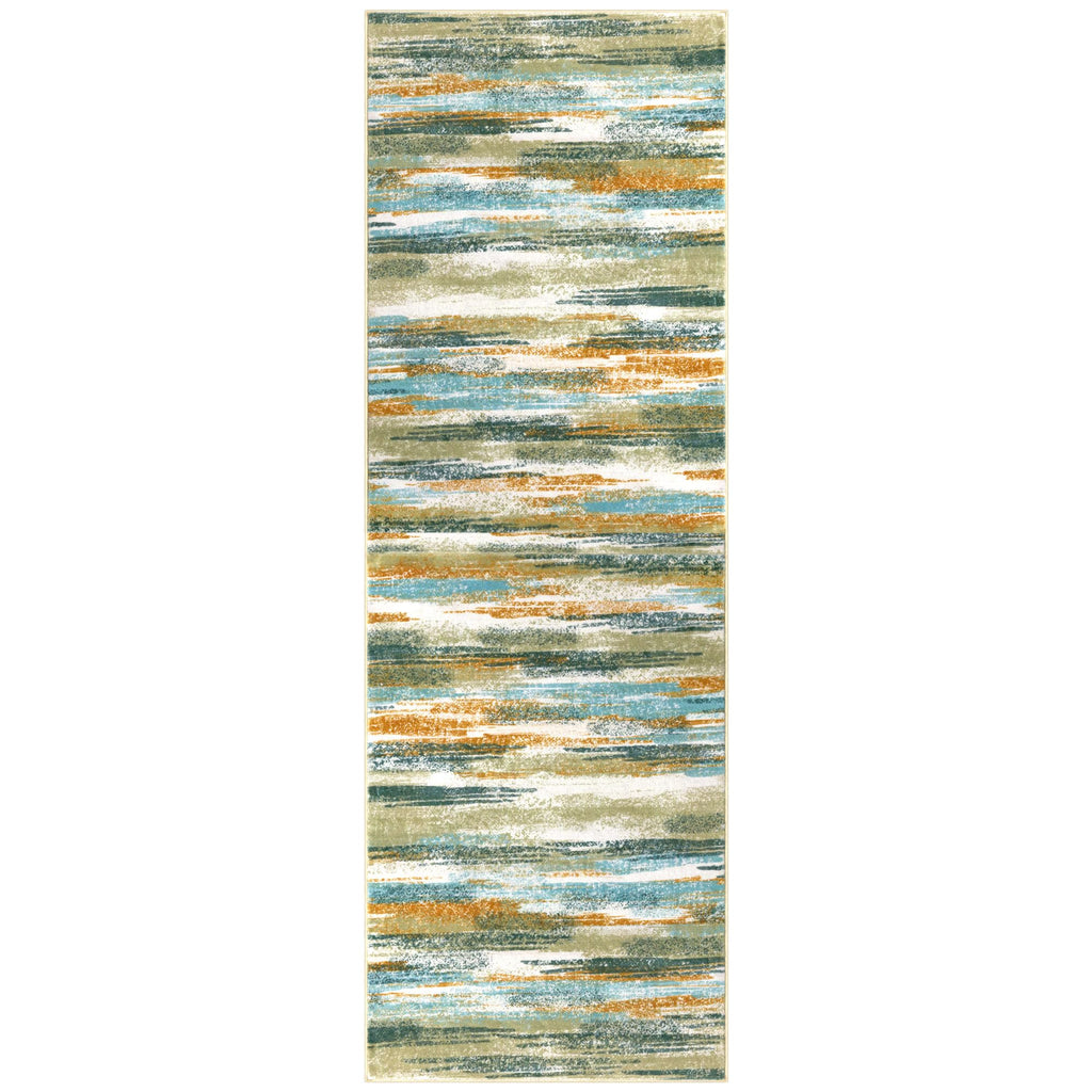 Lansny Modern Abstract Runner Rug 2.6x14, Green Mustard Multi Washable Long Kitchen Runner Non-Slip Soft Hallway Rug Runner Thin Print Faux Wool Carpet for Entryway Bedroom Laundry Room Indoor