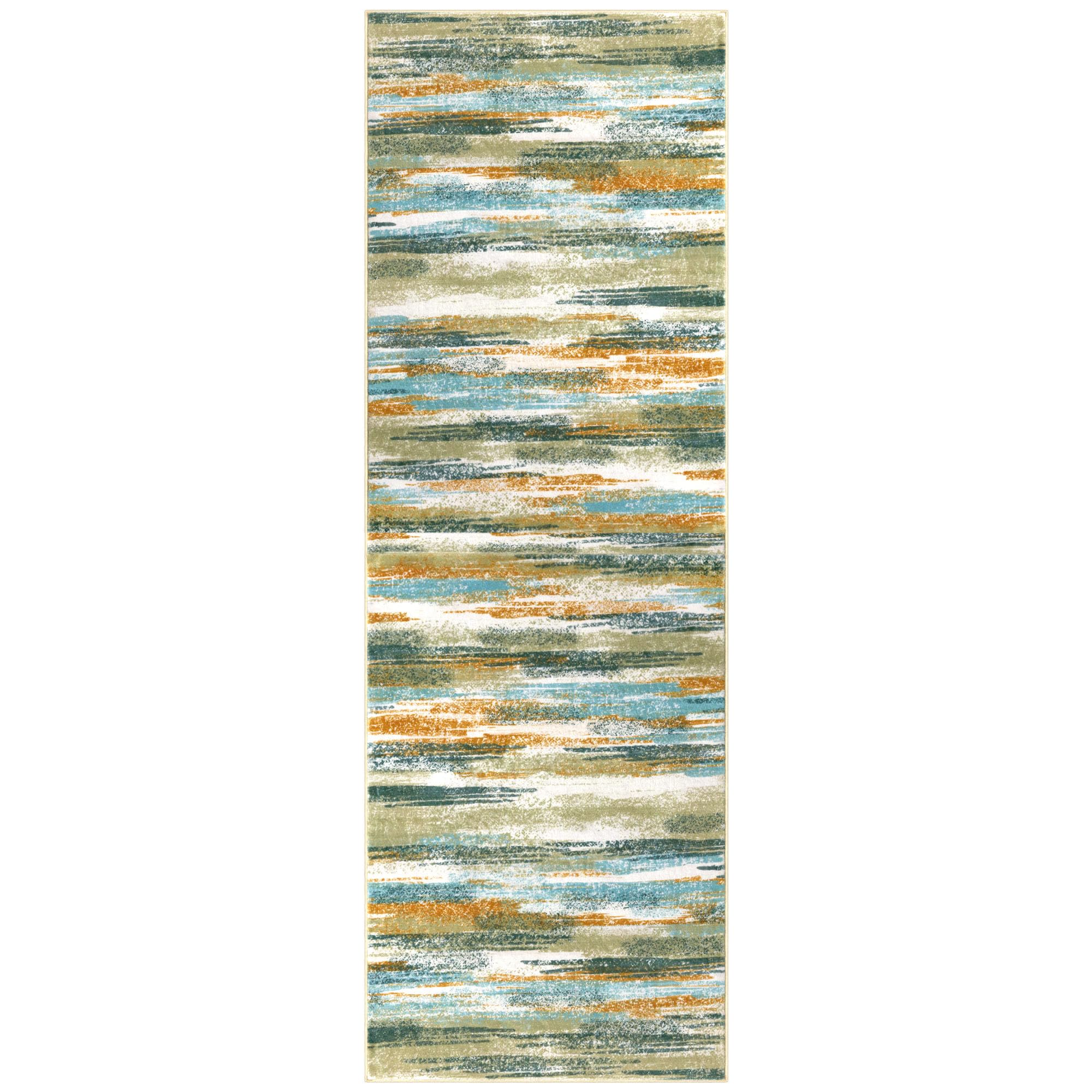 Lansny Modern Abstract Runner Rug 2.6x14, Green Mustard Multi Washable Long Kitchen Runner Non-Slip Soft Hallway Rug Runner Thin Print Faux Wool Carpet for Entryway Bedroom Laundry Room Indoor
