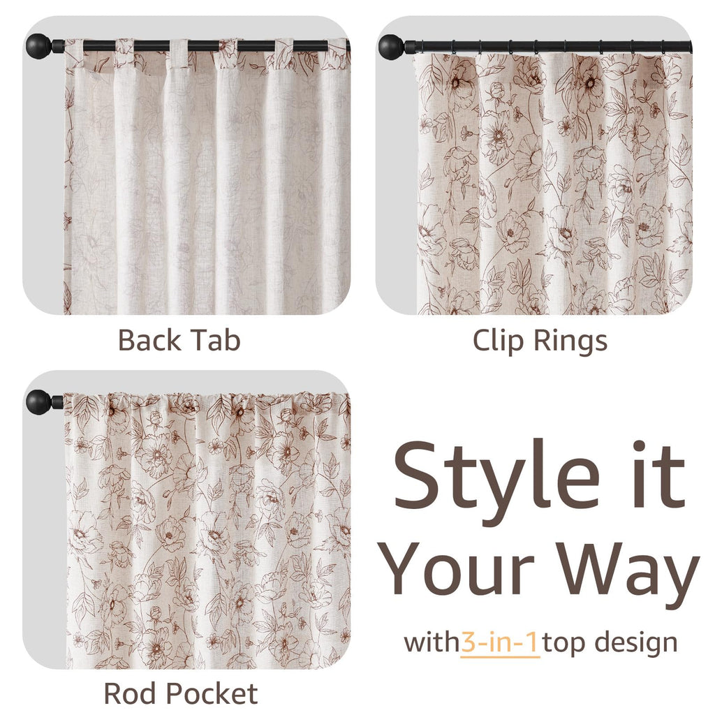 jinchan Floral Linen Curtains for Living Room 84 Inch Length Brown Flower Curtain Rod Pocket Back Tab Farmhouse Curtains with Printed Floral Bedroom Window Curtain Set, 2 Panels Brown
