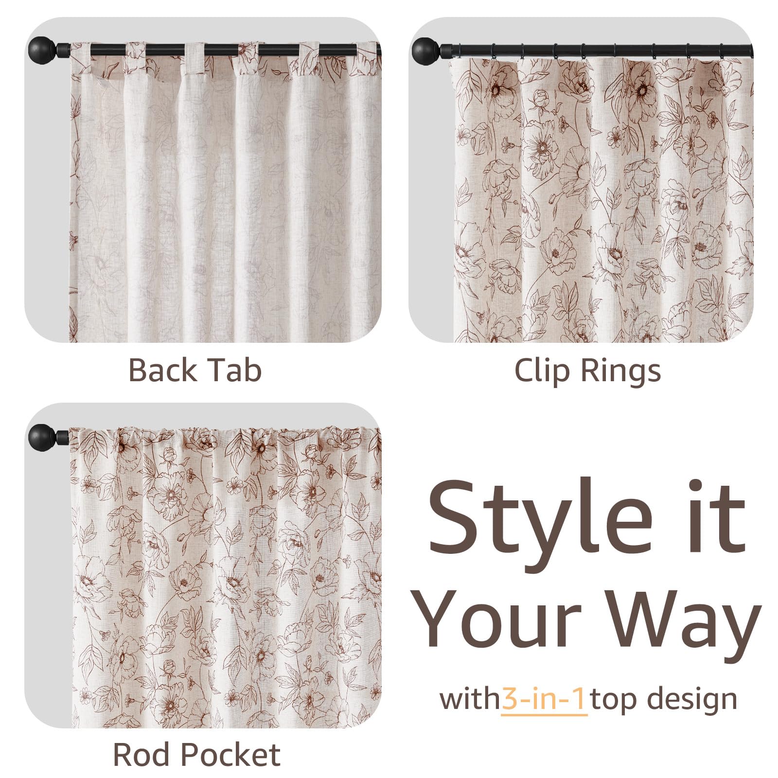 jinchan Floral Linen Curtains for Living Room 84 Inch Length Brown Flower Curtain Rod Pocket Back Tab Farmhouse Curtains with Printed Floral Bedroom Window Curtain Set, 2 Panels Brown