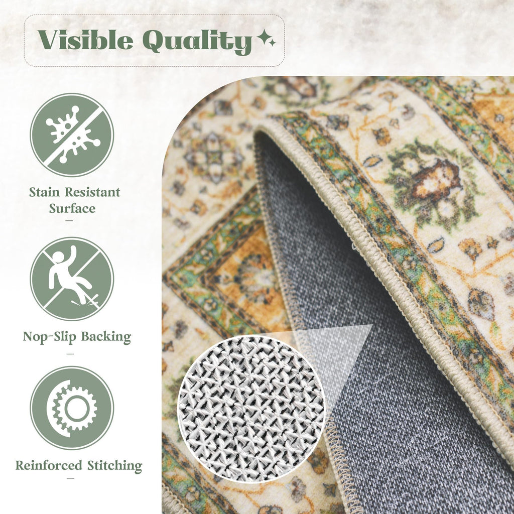 VECARF Area Rug 9x12 Washable Rug, Vintage Boho Medallion Rugs Non-Slip Soft Low Pile Large Distressed Rug Indoor Retro Carpet for Living Room Bedroom Dining Room Home Office (Vintage Green, 9'x12')