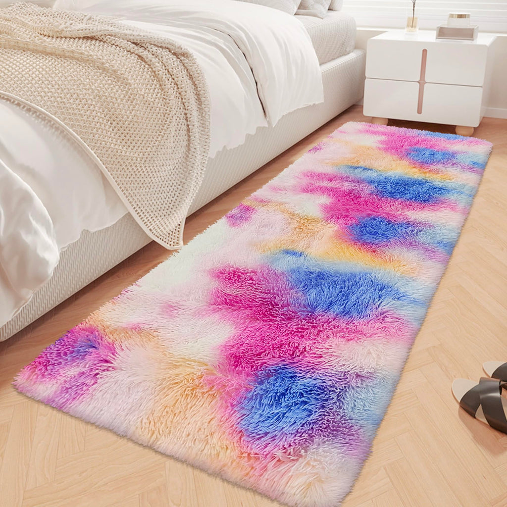 JiaoBaba Fluffy Colorful Rug for Bedroom 2x6 ft Kawaii Tie-Dyed Area Rug Non Slip Cute Unicorn Kids Runner Rug for Girls Princess Teens Living Room Playroom Baby Nursery Decor Carpets