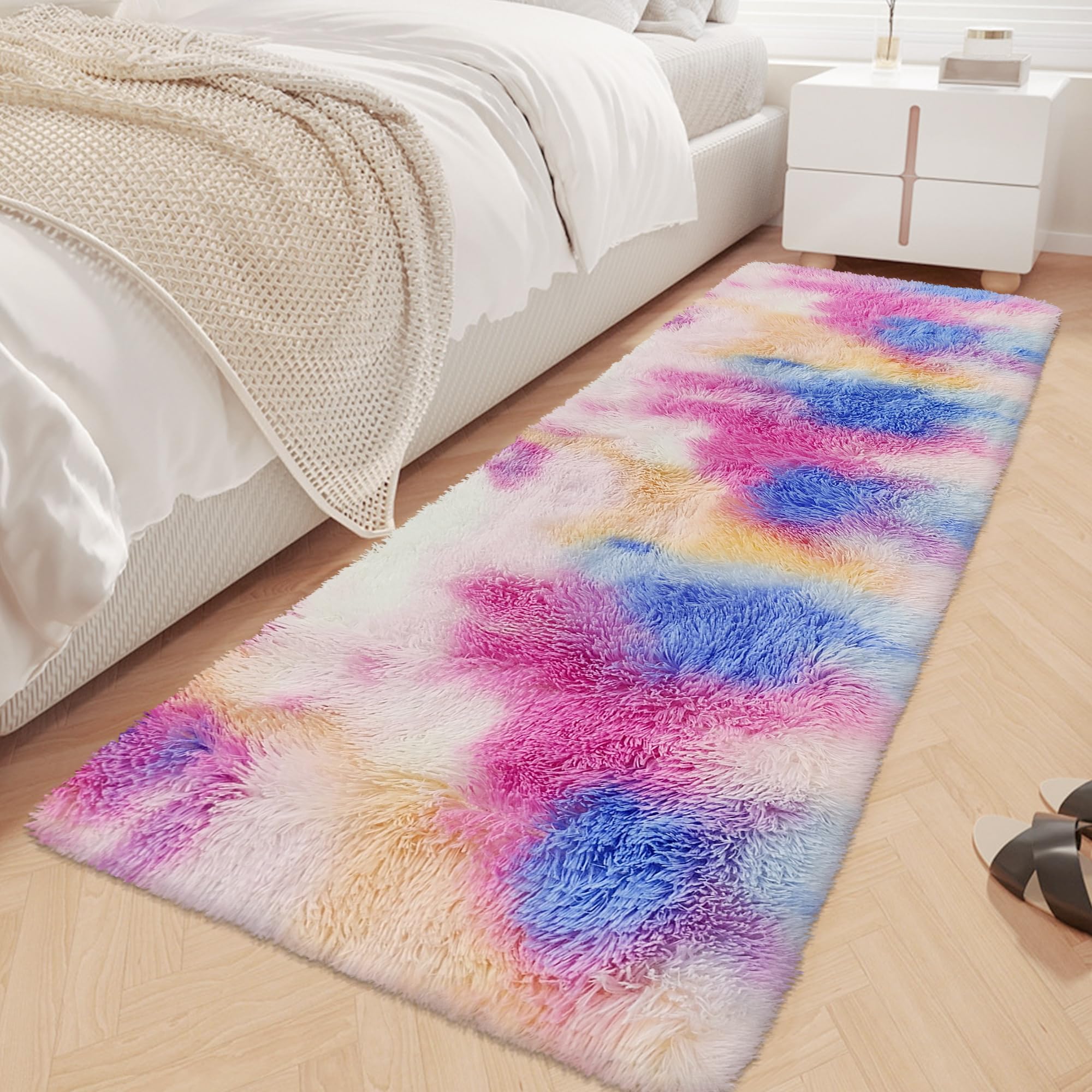 JiaoBaba Fluffy Colorful Rug for Bedroom 2x6 ft Kawaii Tie-Dyed Area Rug Non Slip Cute Unicorn Kids Runner Rug for Girls Princess Teens Living Room Playroom Baby Nursery Decor Carpets
