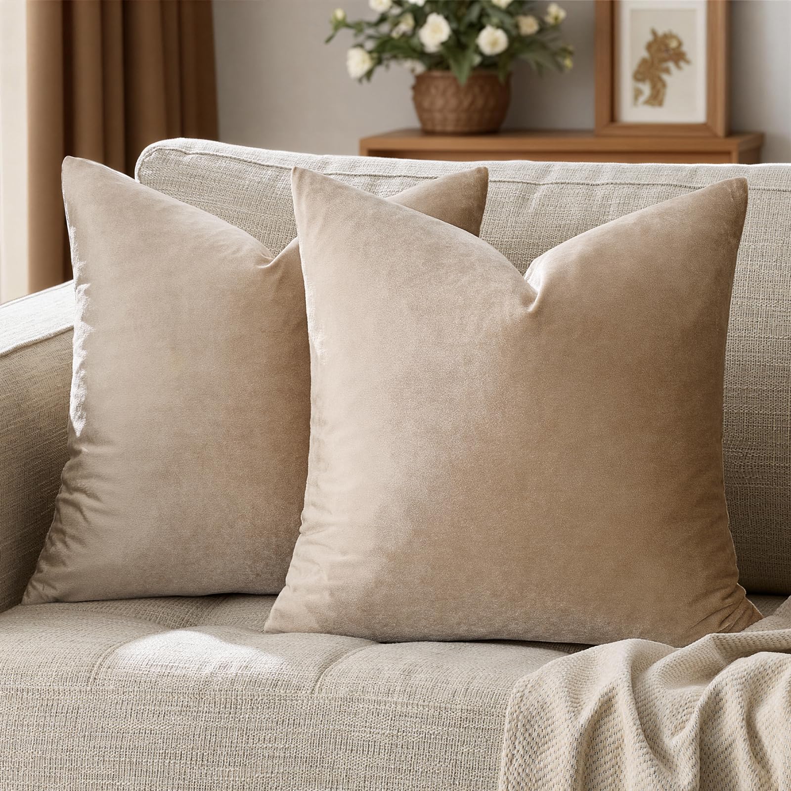GIGIZAZA Taupe Velvet Pillow Covers 22x22 Decorative Pillows Pack of 2