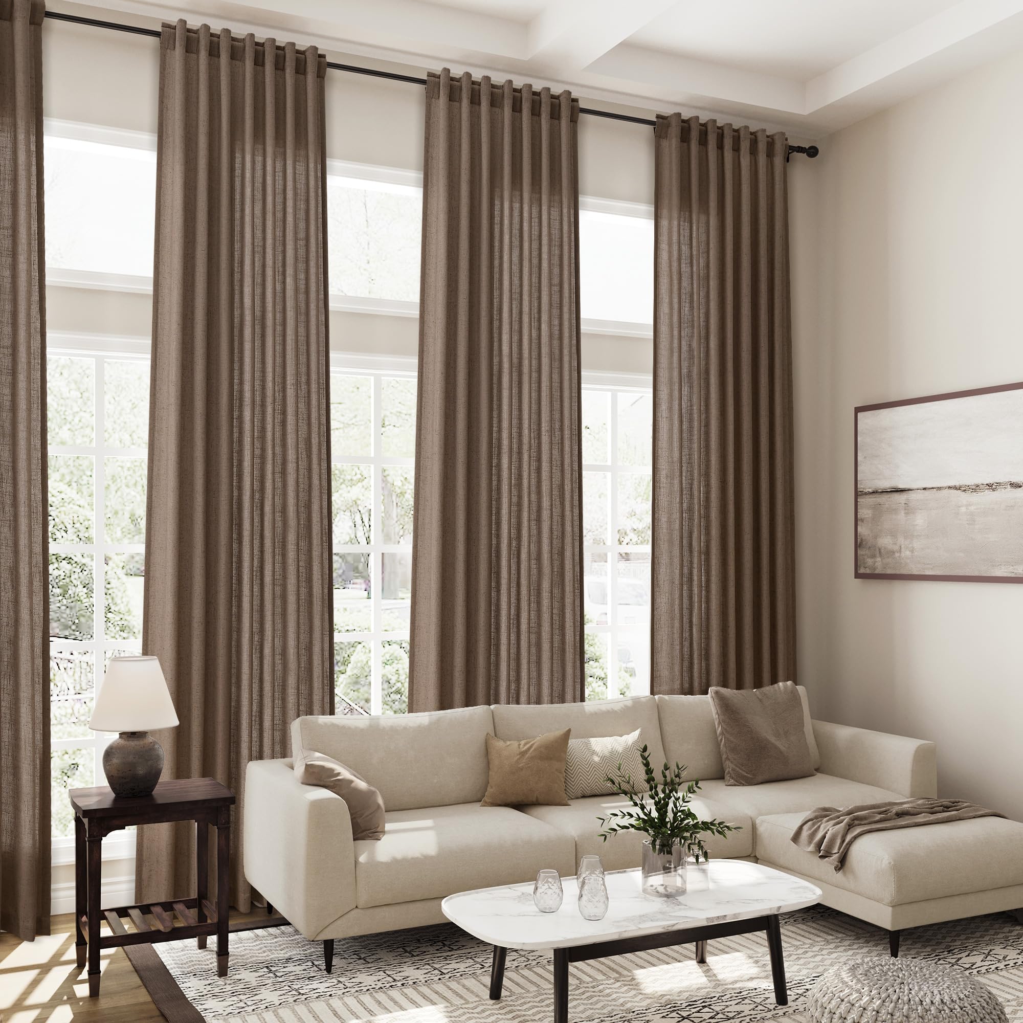 Light Brown Linen Curtains 120 Inch Extra Long for Living Room Back Tab Light Filtering Semi Sheer Drapes Modern Farmhouse Boho Decor Cotton Textured Curtain for Floor to Ceiling High Window 52x120