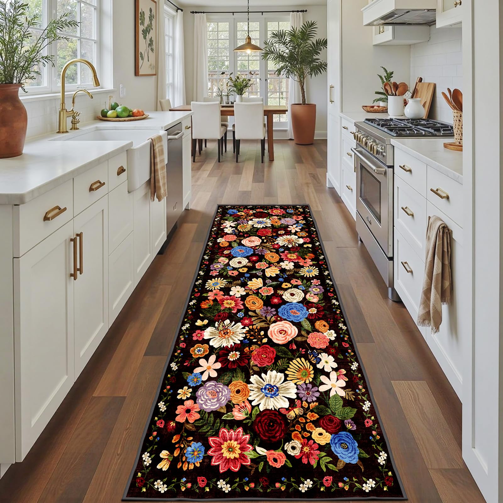 Babovid Black Brown Floral Hallway Runner Rug 2x8 for Bedroom Kitchen