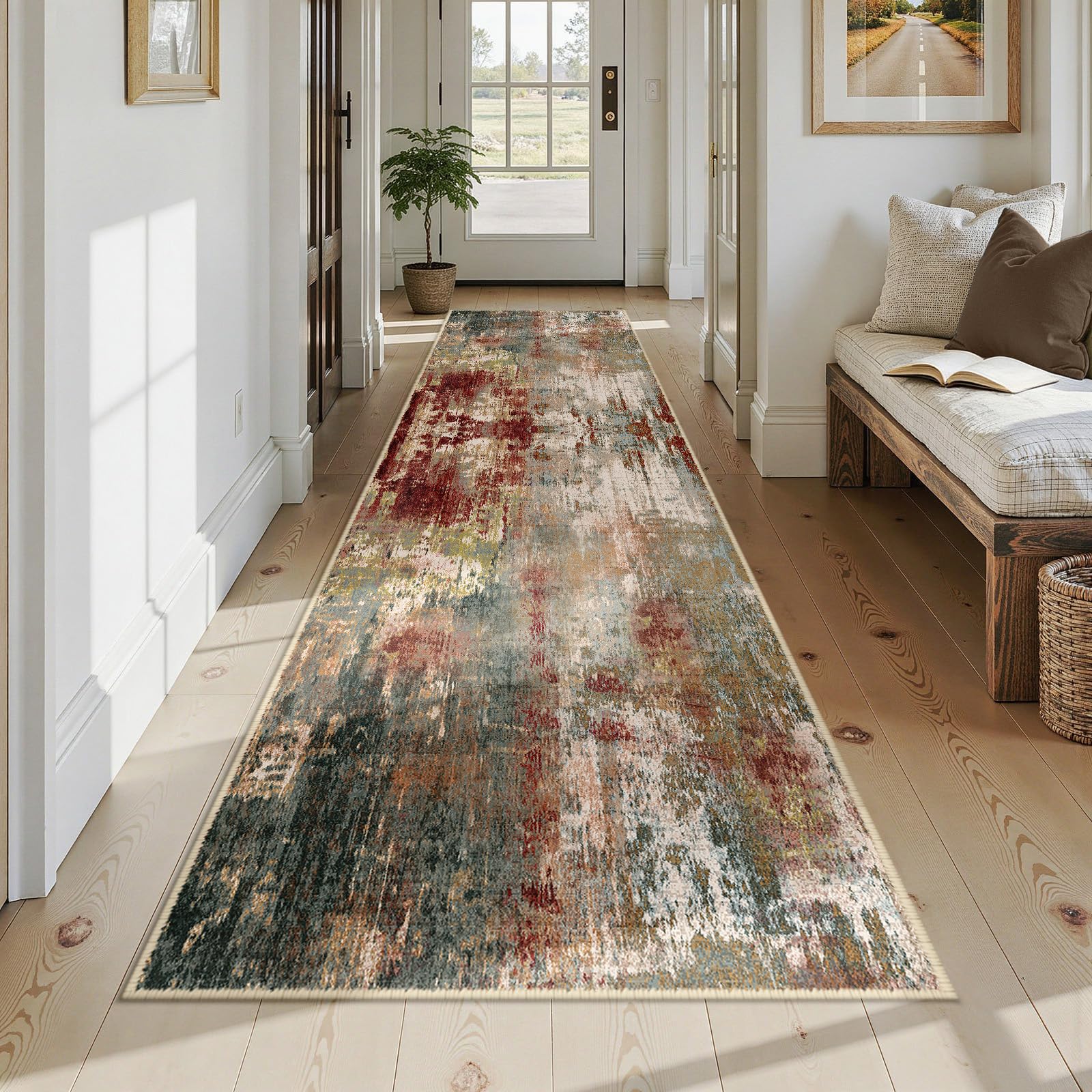 RELEANY Washable Runner 3'x12' Abstract Area Rug for Hallway Rustic Brown