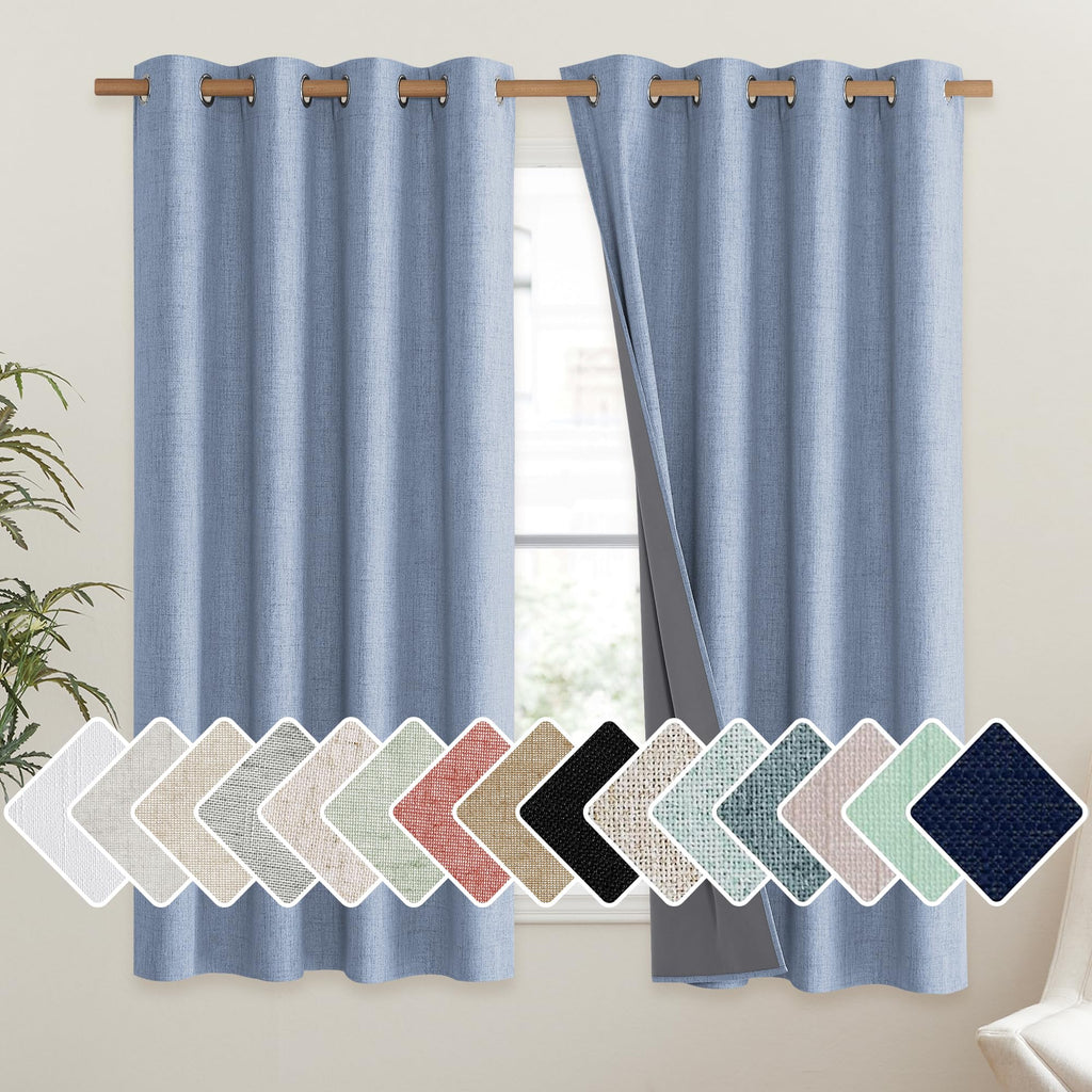 NICETOWN Stone Blue Vintage Linen 100% Blackout Curtains for Living Room, Thermal Insulated Curtains 45" Long, Noise Reducing Window Treatment Drapes for Hall Room, 52" Wide Per Panel, Set of 2