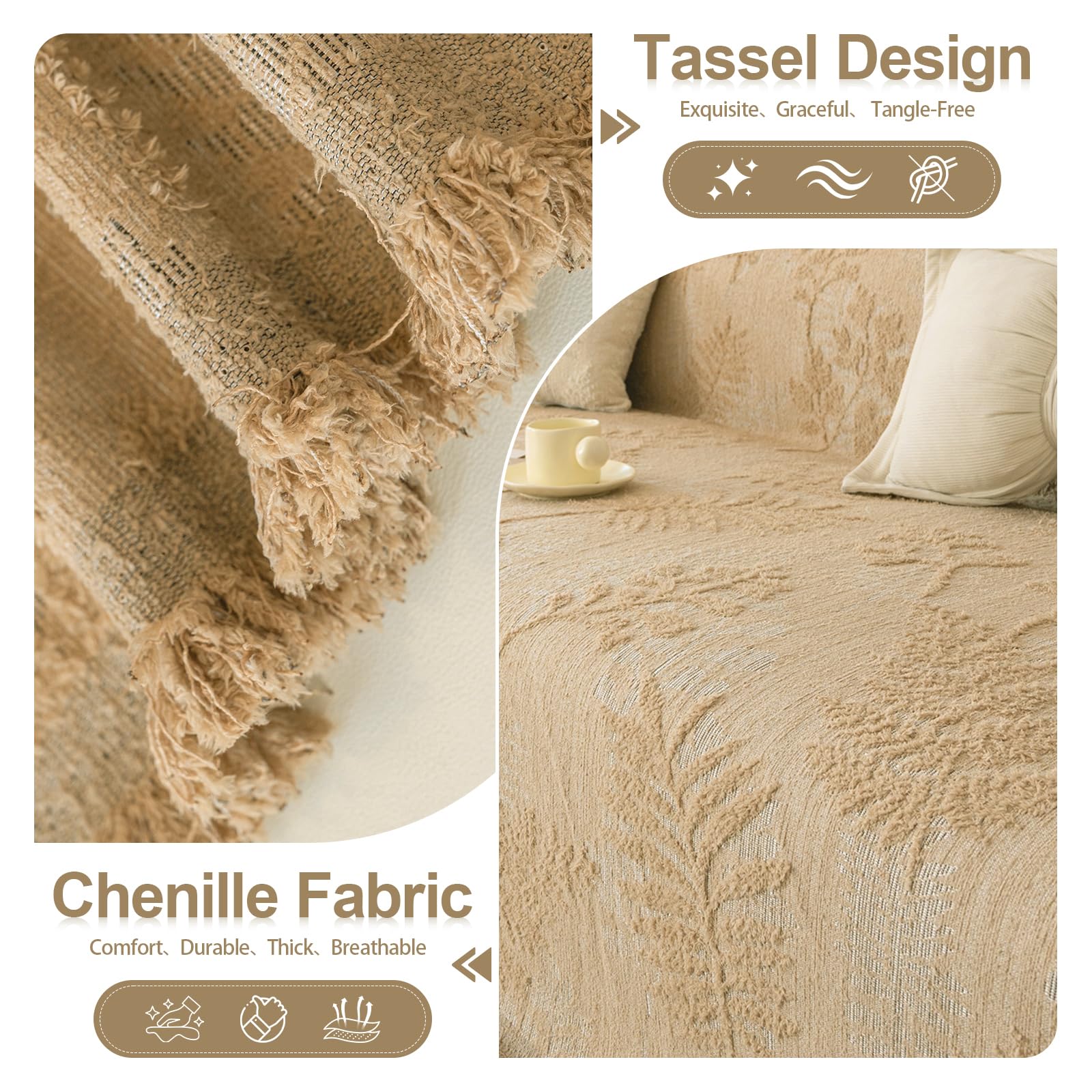HANDONTIME Washable Couch Covers for Sofa Boho Couch Covers for 3 Cushion Sofa Pet Friendly Camel Chenille Jacquard Couch Protector for Dogs Plant Branch Sectional Cover Sofa Slipcovers, 71" X 118"