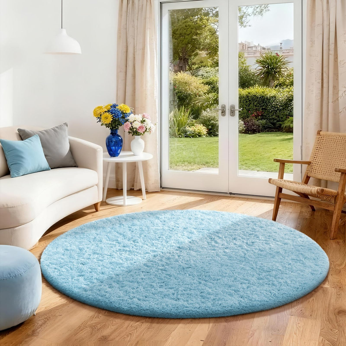 Ophanie Round Rug 4Ft White Circle Area Rug, Aesthetic Room Decor, Fluffy Fuzzy Bedroom Carpet, Plush Soft Shaggy Living Room Rugs for Kids Home, Nursery with 99 pcs Pile fibers