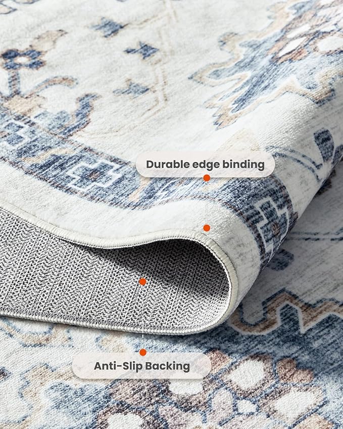 AMADA HOMEFURNISHING Washable Area Rug, Low-Profile Large Area Rug with Non-Slip Backing & Durable Edge Binding, Vintage Large Rugs for Living Room, Bedroom, Dinning Room (8x10,Blue/White)
