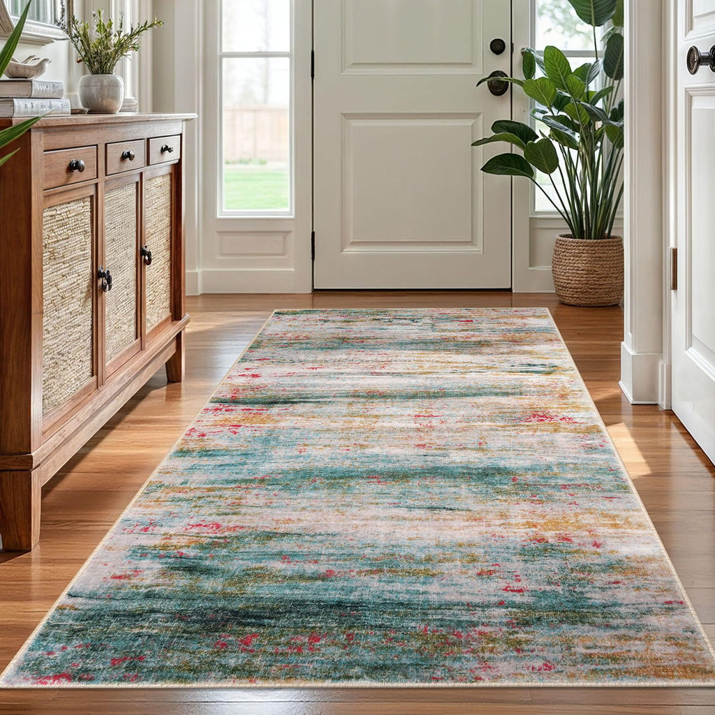KOZYFLY Washable Area Rug 5x7 Modern Ombre Thin Rugs for Living Room Non-Slip Soft Striped Rug for Bedroom, Print Green Abstract Carpet for Laundry Kid Room