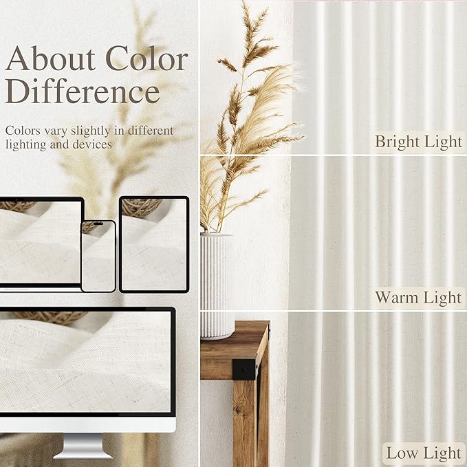 Cream Kitchen Cafe Linen Curtains 49 Inch Length 2 Panel Set Back Tab Pocket Semi Sheer Light Filtering Short Curtain Natural Farmhosue Small Curtains for Basement Window Bathroom Living Room 52x49