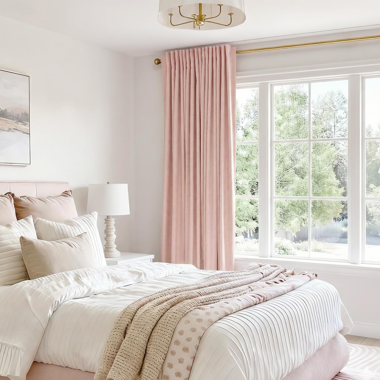Linen Textured Total Blackout Sliding Door Curtains 90 Inches Long, Blush Pink