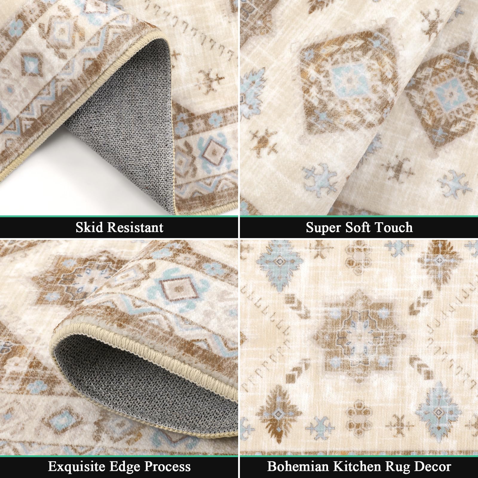 HEBE Boho Kitchen Rugs Set of 3, Non Slip Washable Kitchen Mats for Floor