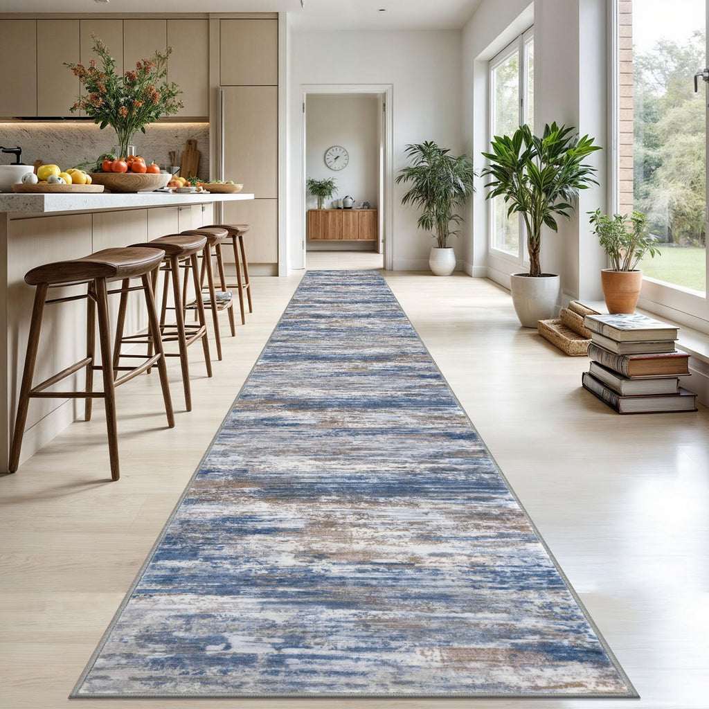 KOZYFLY Modern Abstract Washable Runner Rug 2.6x20 Hallway Runners Non-Slip Soft Kitchen Runner Rugs, Blue Rust 20 Foot Carpet Runner for Stair Entryway Bathroom Laundry Room Foyer