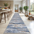 KOZYFLY Modern Abstract Washable Runner Rug 2.6x20 Hallway Runners Non-Slip Soft Kitchen Runner Rugs, Blue Rust 20 Foot Carpet Runner for Stair Entryway Bathroom Laundry Room Foyer